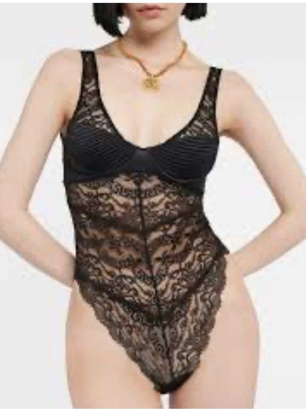 Authentic New Versace Greca Black Lace Sheer Bodysuit